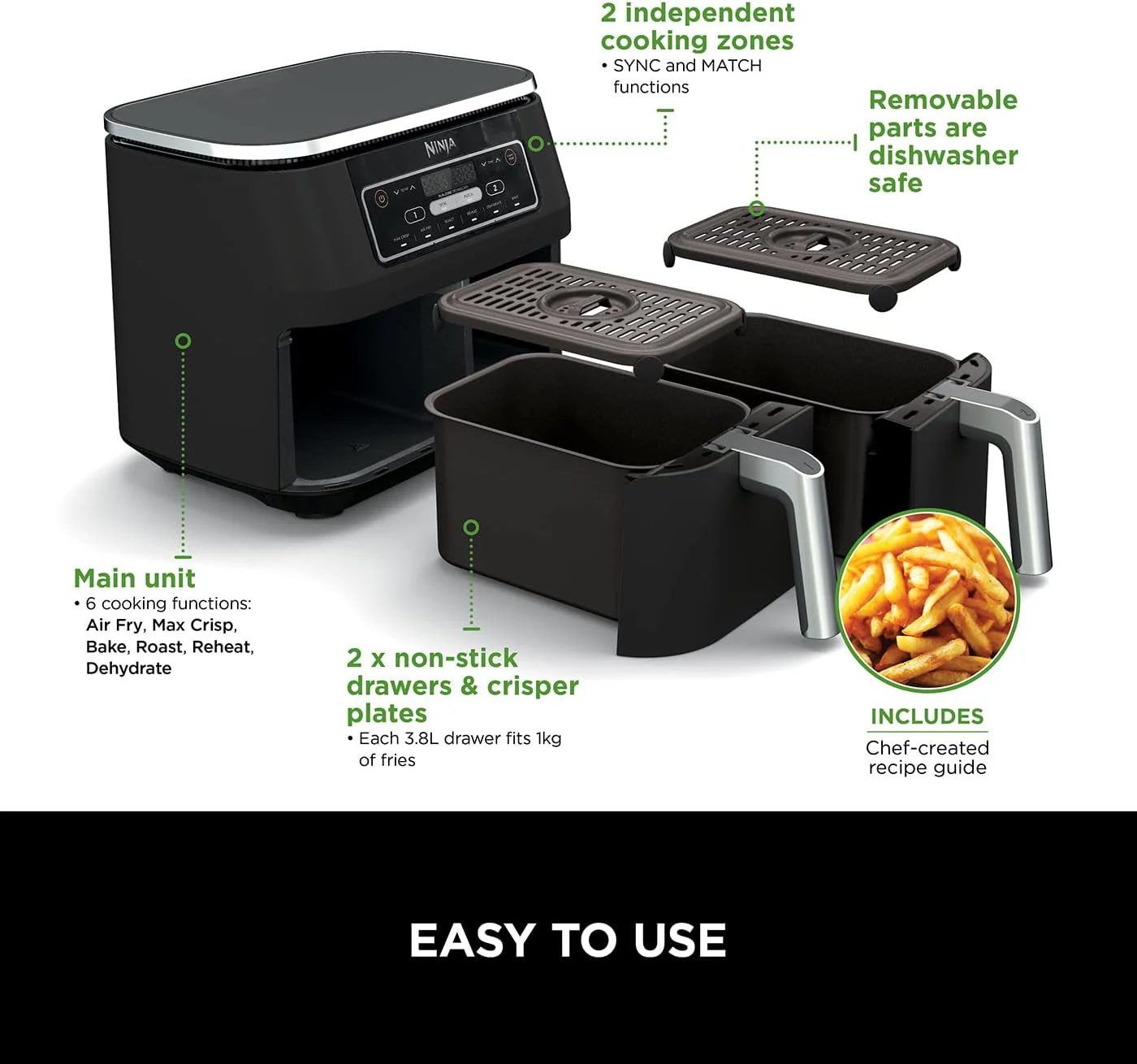 Ninja AF300UK Foodi Dual Zone 7.6L Air Fryer - Image 3